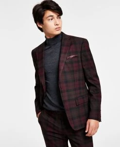 Bar III Men's Slim-Fit Burgundy Plaid Suit Separate Jacket, Created For Macy's