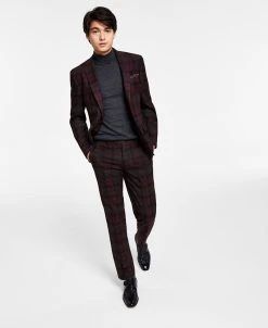 Bar III Men's Slim-Fit Burgundy Plaid Suit Separates, Created For Macy's