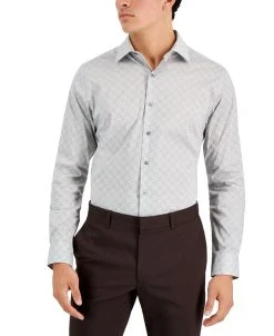 Alfani Men's Slim Fit 2-Way Stretch Stain Resistant Houndbone Geo Dress Shirt, Created For Macy's