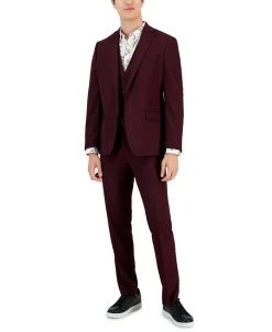Bar III Men's Slim-Fit Burgundy Solid Vested Suit Separates, Created For Macy's